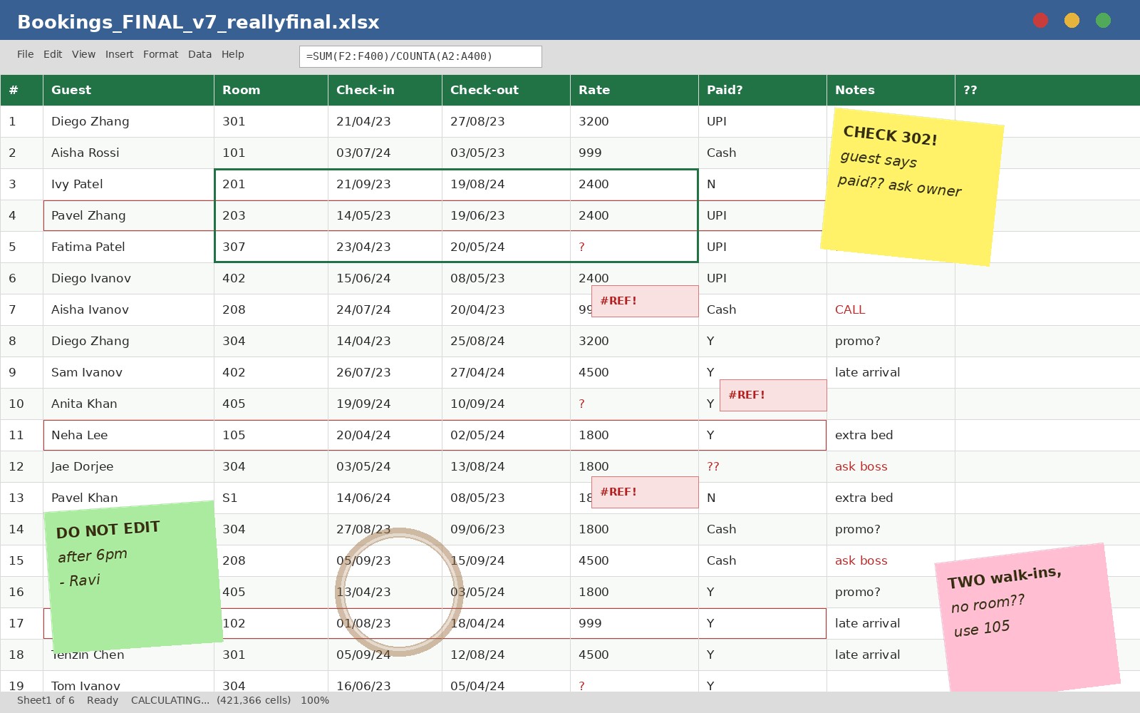 Before: a cluttered spreadsheet with manual notes and formula errors
